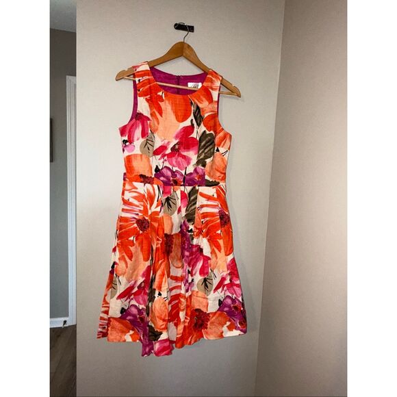 Eliza J Size 8 A-Line Fit & Flare Tea Dress Orange Pink Big Floral Vacation - Picture 9 of 9